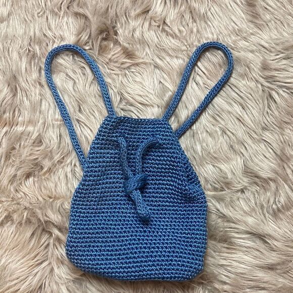 The SAK Mini Crochet Drawstring Backpack Purse - Bucket bag/ boho Blue - Picture 1 of 13